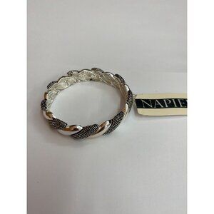 Silver-Tone Napier Twist Pattern stretch Bangle Bracelet With Beaded & Smooth De